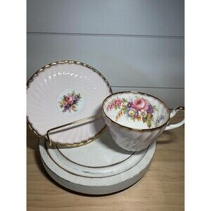 VTG EB Foley Bone China Tea Cup Saucer Pastel Pink Florals Gold Trim Swirl